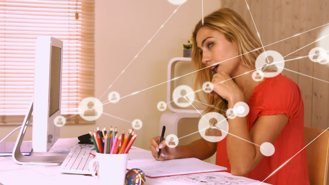 animación de la red de conexiones con las personas íconos sobre mujer de negocios caucásica