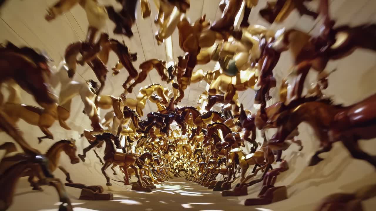 Numerous horse figurines gallop in a dynamic art installation, forming a captivating tunnel that showcases the beauty of movement and the artistry of kinetic sculpture