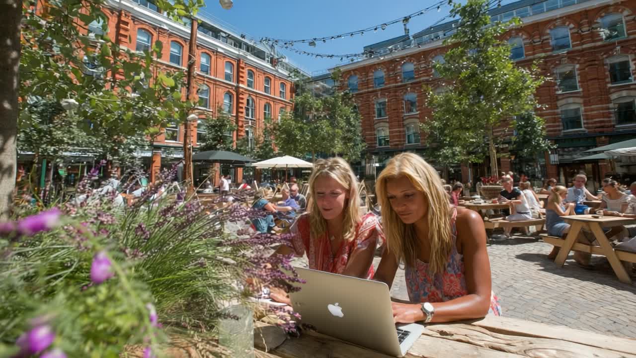 To venner nyder en solskinsdag udendørs, mens de bruger en bærbar computer på et pulserende, livligt offentligt sted fyldt med grønne områder og mennesker
