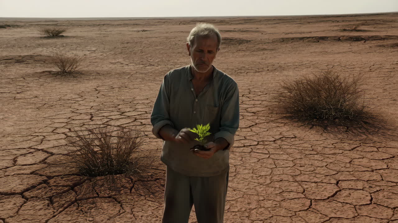 A man holds a small green plant in a dry, cracked desert