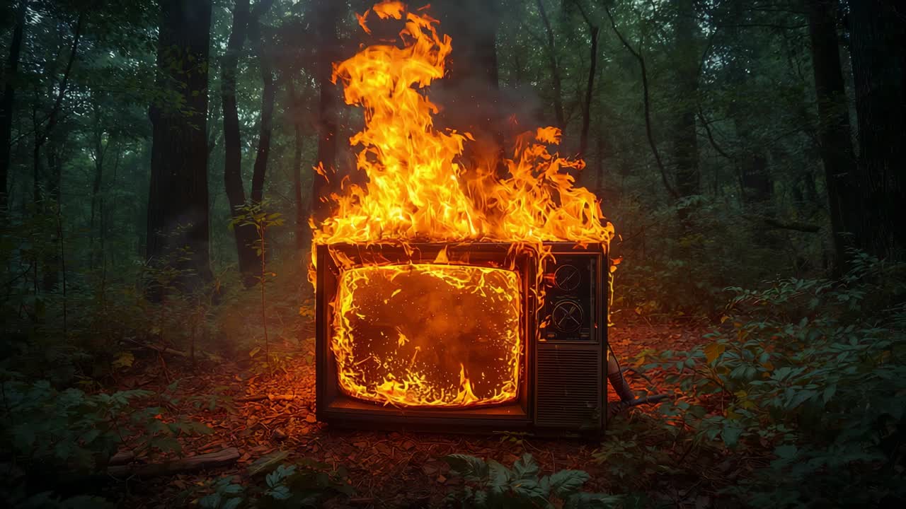 Igniting CRT TV set in forest after flame appearing, bright orange fire glowing embers grey smoke