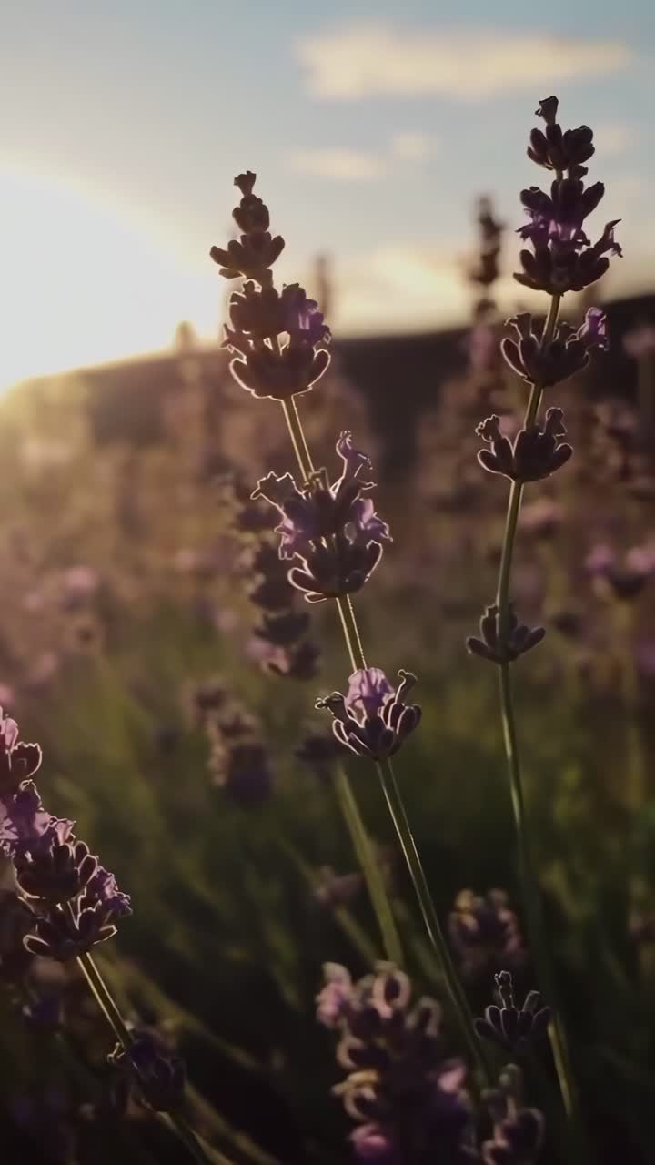 Video ravvicinato di lavanda nella luce del tramonto, ripreso dal basso per un effetto sereno.