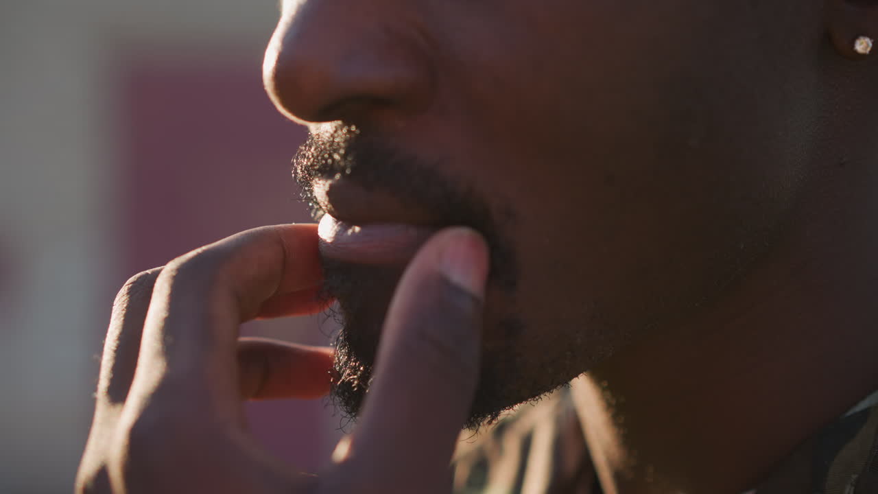 Intimate Sunset Portrait, Urban Gentleman Under Evening Golden Hues, Closerange Shot Of Man With Stubble At Sunset Level, Closeup Of Male With Facial Hair Beneath Radiant Evening Sky In City Setting