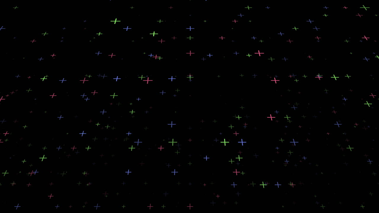 Dynamic of colorful glowing plus sign particles floating in a dark space, creating an abstract digital background ideal for technology intros, motion design, presentations, and modern visual effects