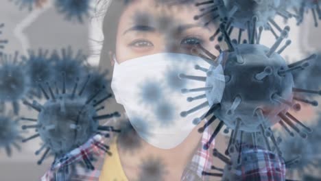 animación de células macro coronavirus covid-19 que se propagan sobre una mujer de raza mixta que lleva una máscara facial