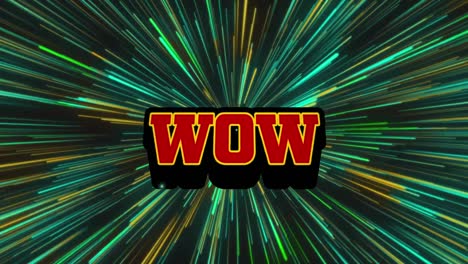 animation of wow text over green and yellow light trails on black background