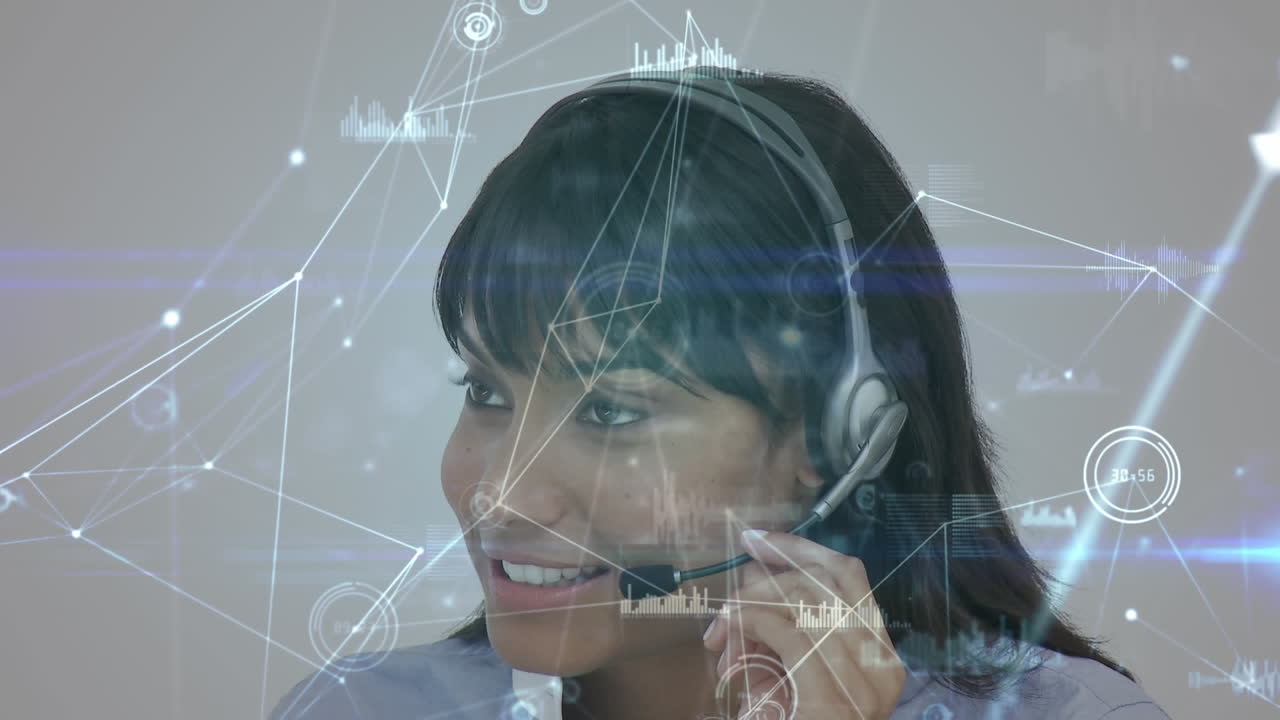 Animazione di reti di connessioni su una donna d'affari che usa auricolari telefonici