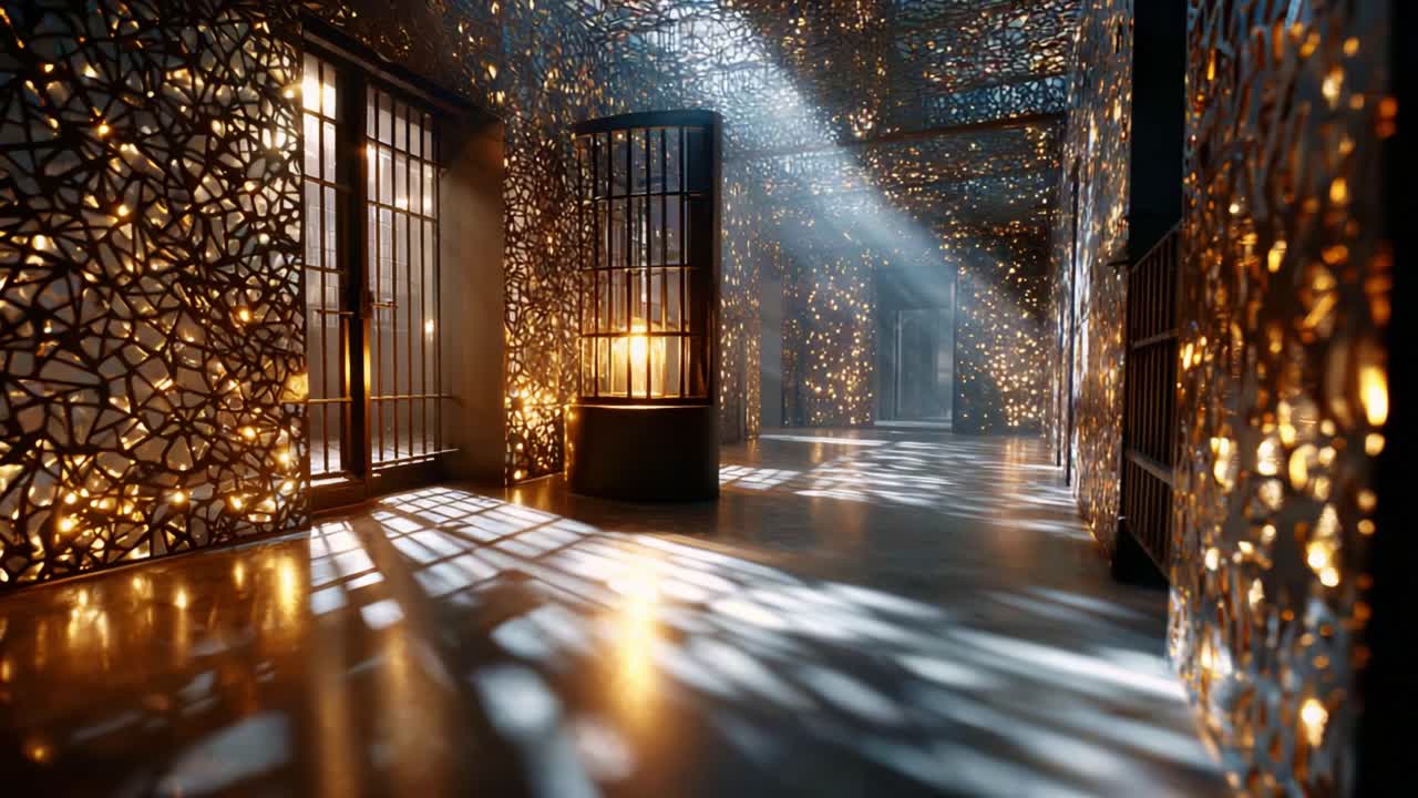 A Majestic Hallway Bathed in Ethereal Light: Captivating Shadows and Intricate Patterns Create a Mesmerizing Atmosphere in a Unique Modern Space Full of Enchantment