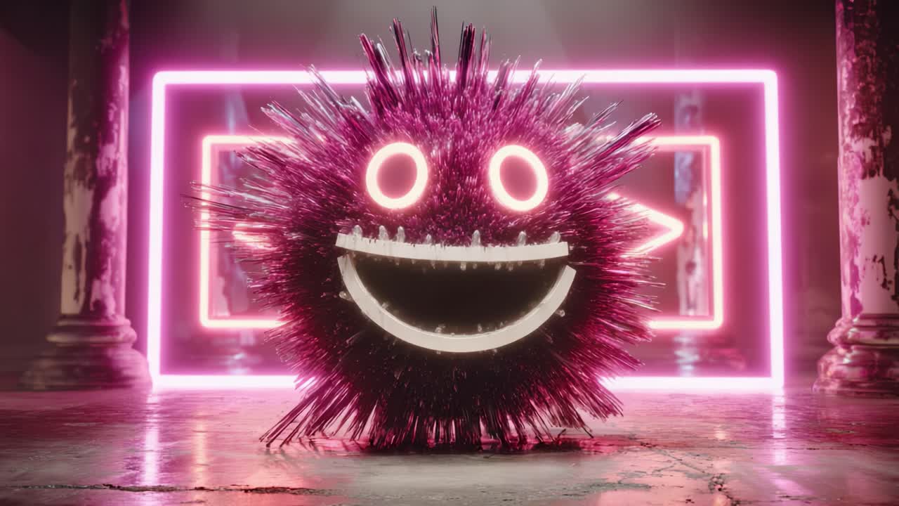A Playful and Vibrant Character with Spiky Texture, Illuminated by Neon Lights, Exuding Joy and Energy in a Captivating Cinematic Environment