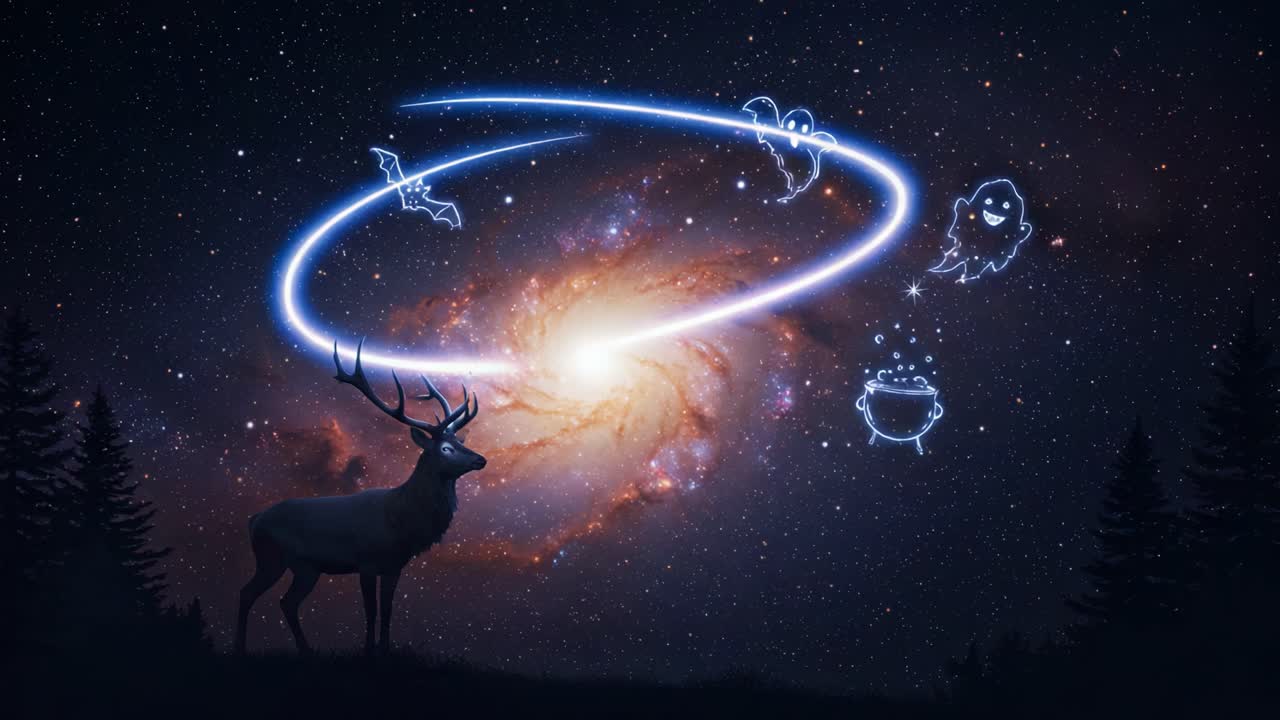 A Majestic Stag Illuminated by Celestial Wonders: Mystical Creatures and Cosmic Symbols in an Enigmatic Night Sky