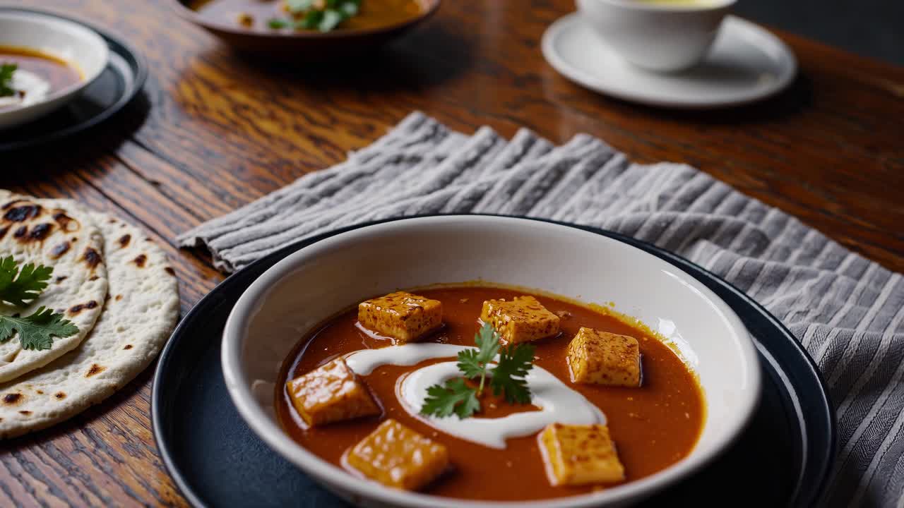 Close-up, angled shot of a bowl of paneer curry with garnish, showcasing rich colors and textures