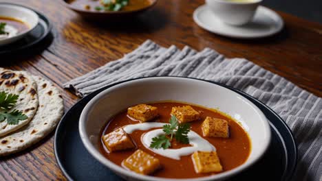 close-up, angled shot of a bowl of paneer curry with garnish, showcasing rich colors and textures