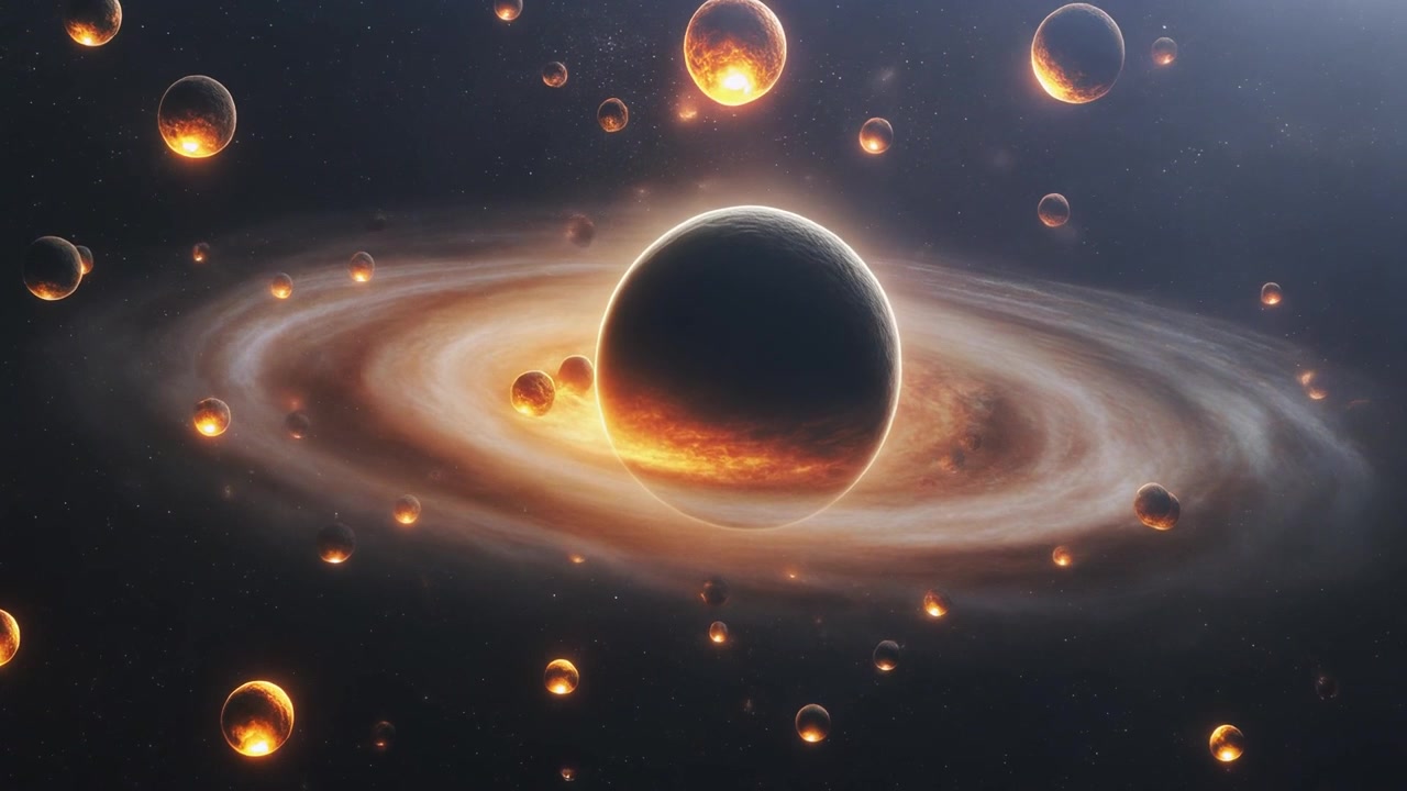 Cinematic View of a Glowing Ringed Planet Surrounded by Floating Orbs in Space