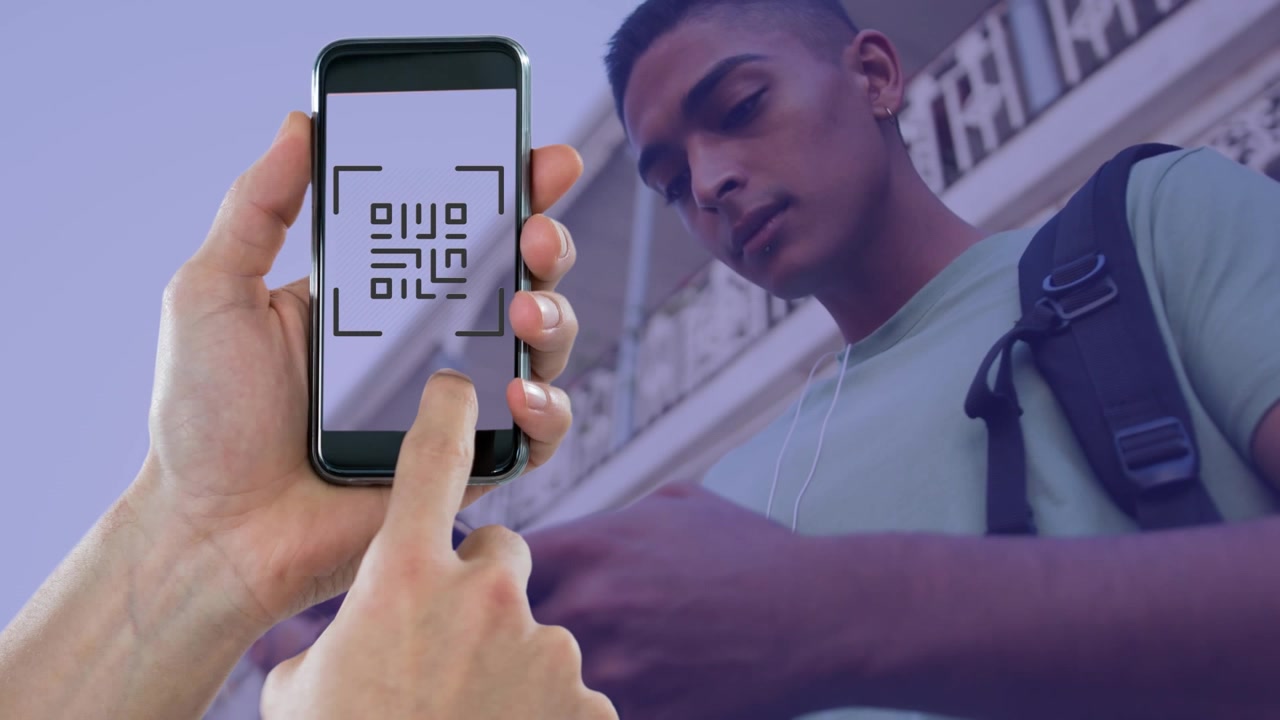 Animation of hand with smartphone over man using smartphone