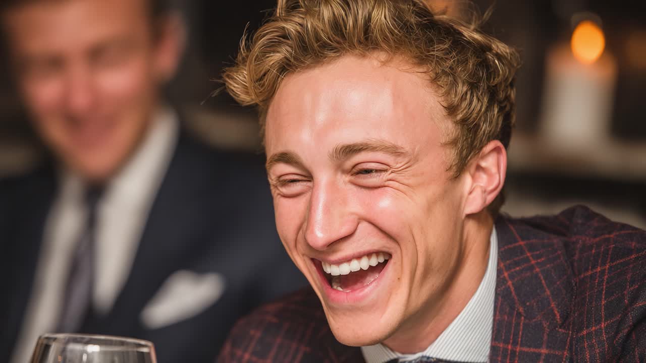 Joyful Moment Captured: A Young Man's Genuine Laughter at a Social Gathering, Radiating Happiness and Connection with Friends Over Dinner