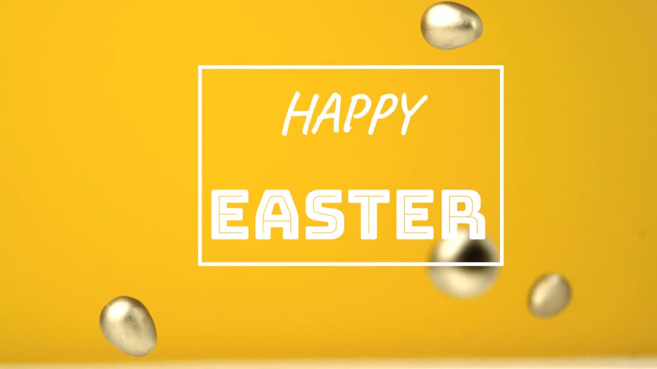 Animazione delle parole "Buona Pasqua" scritte in una cornice bianca con quattro uova di Pasqua al cioccolato che cadono.
