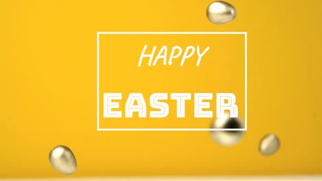 animation of  words happy easter written in white frame with four chocolate easter eggs falling