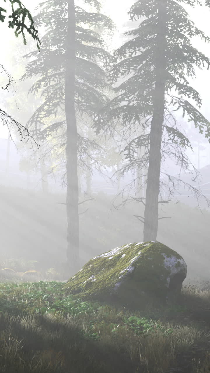 Misty forest landscape with sunlight filtering through tall trees