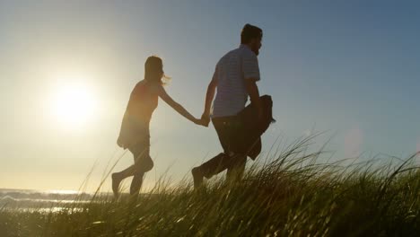 Young-couple-holding-hands-and-walking-on-the-beach-4k