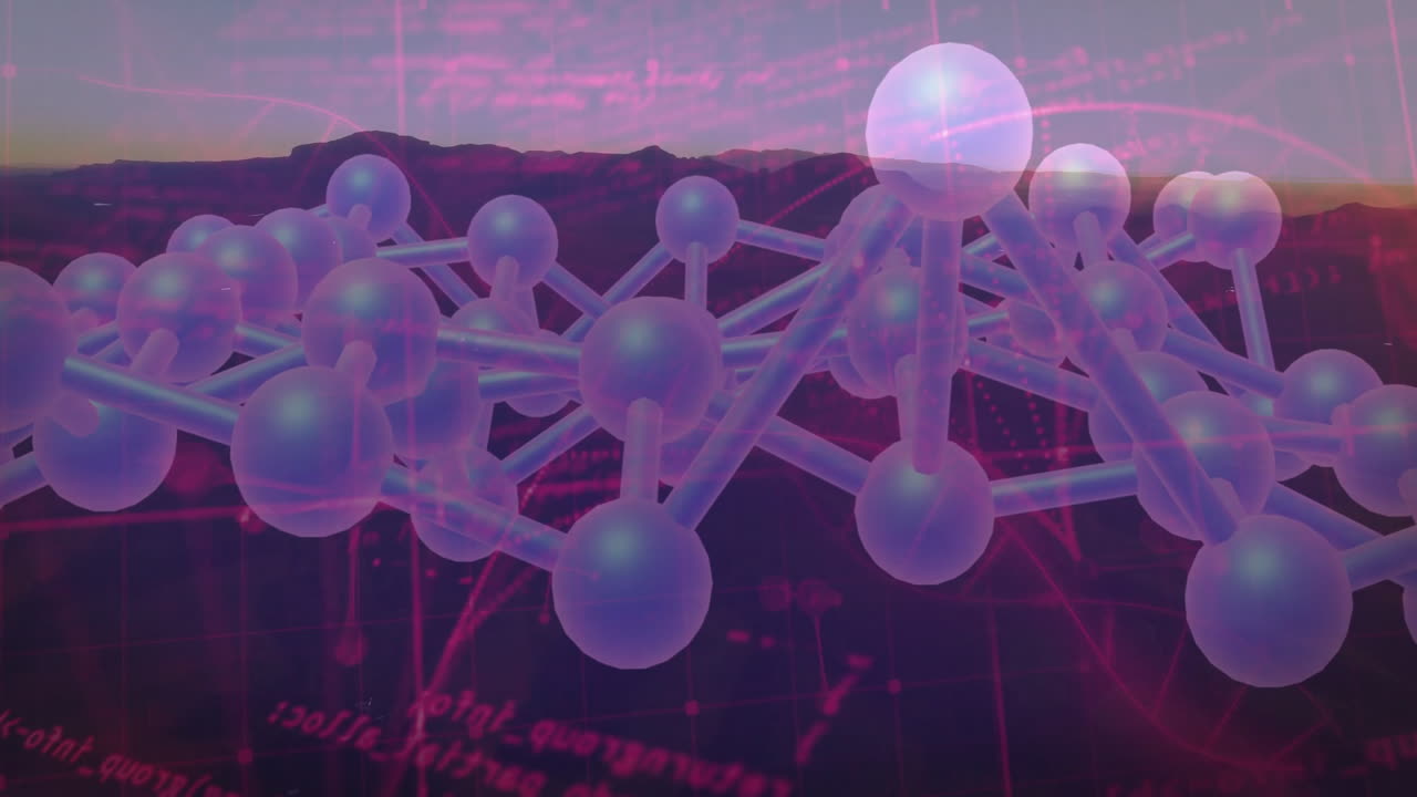 Animation of molecular structure and data processing over mountainous landscape