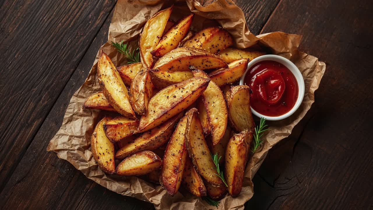 Spicchi di patate croccanti con ketchup su carta rustica
