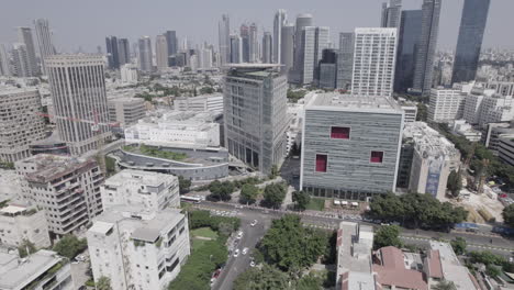 aerial view of a cityscape with skyscrapers and buildings