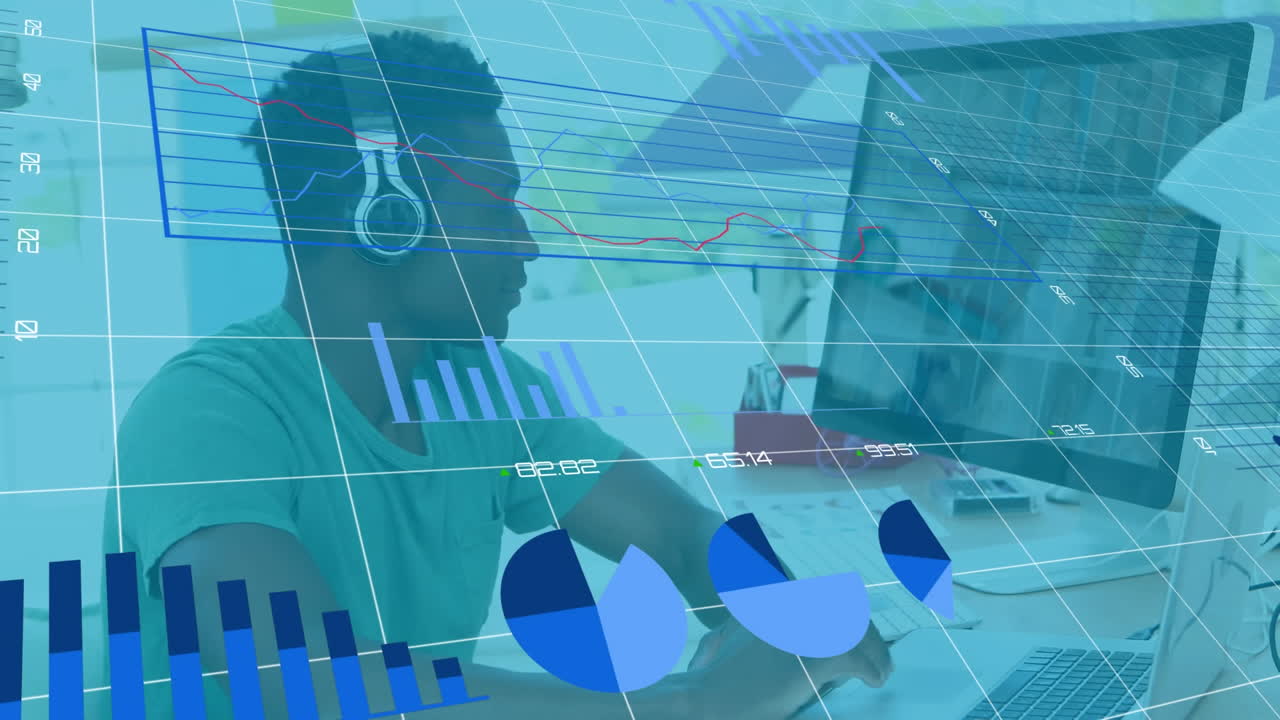 Animation of statistics and financial data processing over businessman using computer in office