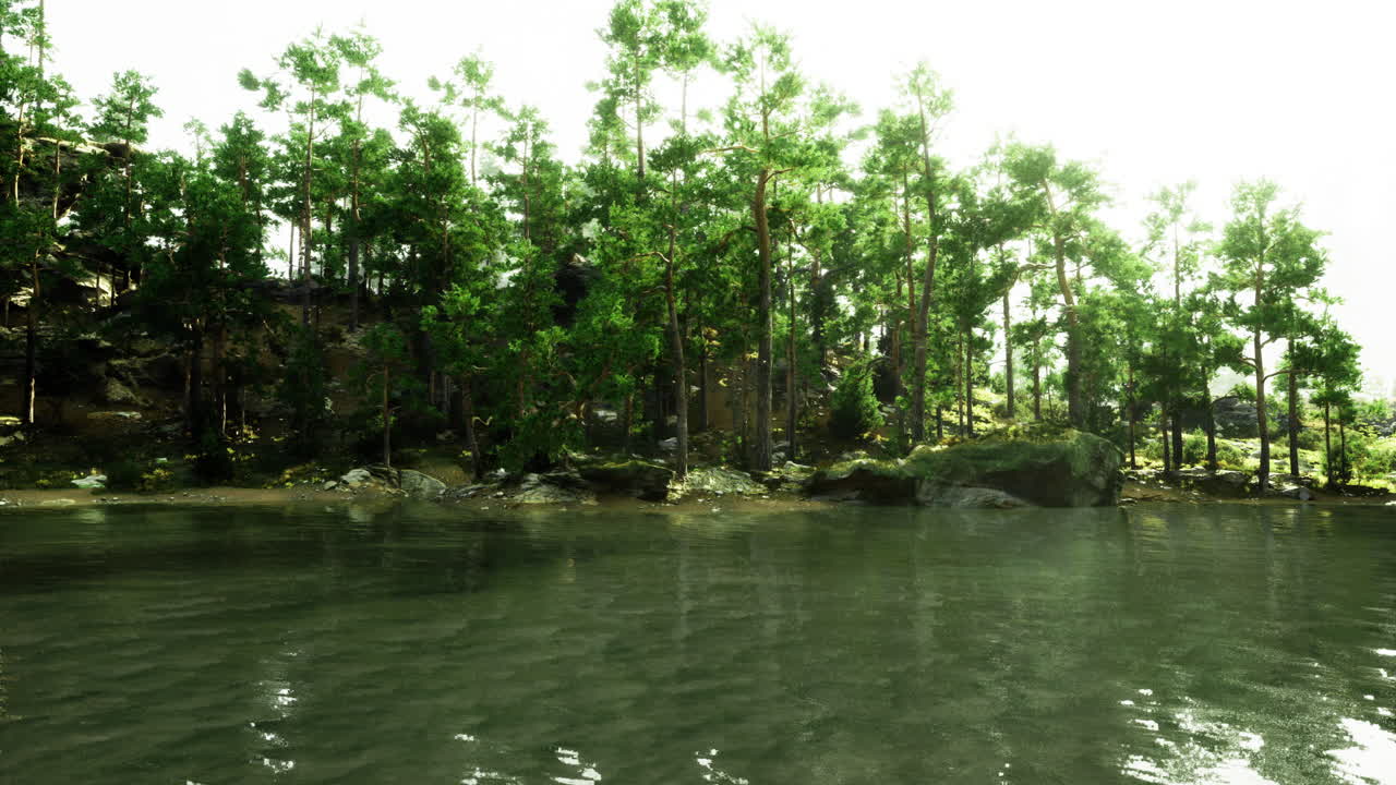 Serene lakeside landscape surrounded by lush trees and gentle water reflections