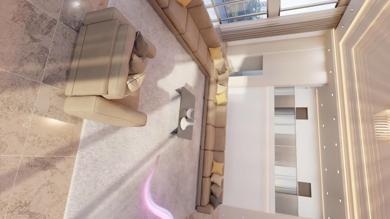 Illustrazione di motion graphics verticale: energia luminosa che vortica in un soggiorno moderno di lusso, concetto di interior design.