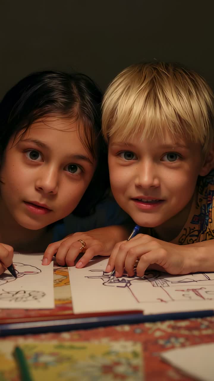 Vertikales Video: Zwei Kinder, die zu Hause mit einem Stift zeichnen, während sich die Kamera in einem gestreiften und bedruckten T-Shirt bewegt