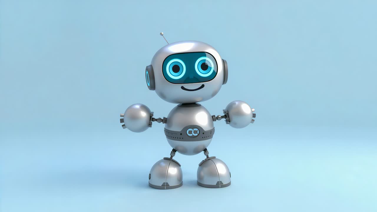 Attivazione faretti, robot argentato animato con occhi animati e postura mutevole su pavimento azzurro