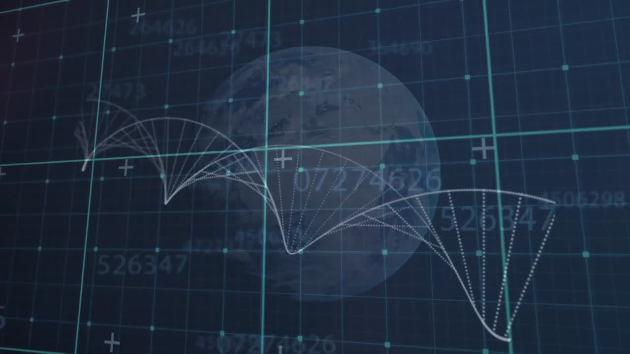 Animation of grid network over dna structure spinning against globe on blue background