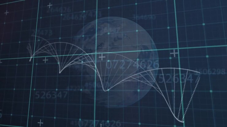Animation of grid network over dna structure spinning against globe on blue background