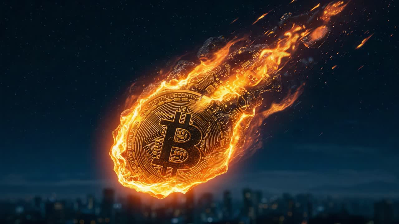 A Dramatic Representation of Bitcoin Falling from the Sky in a Fiery Blaze, Symbolizing the Volatile Nature of Cryptocurrency and Its Impact on Global Finance