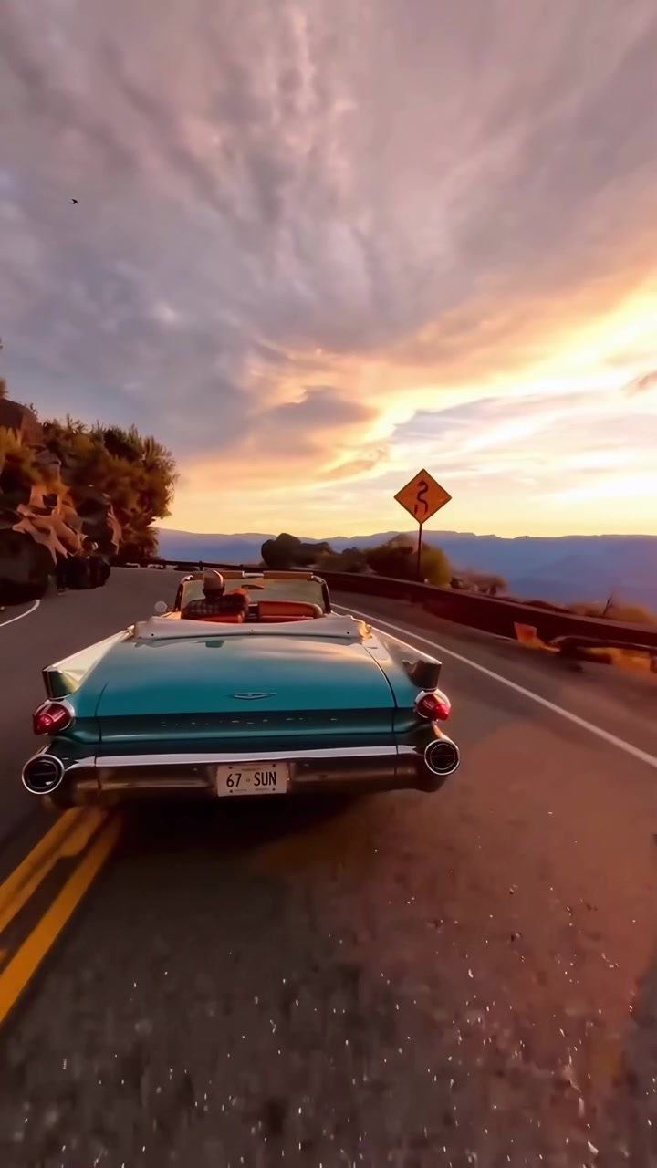 Paar fährt in einem Oldtimer-Cabrio auf einer malerischen Bergstraße bei Sonnenuntergang