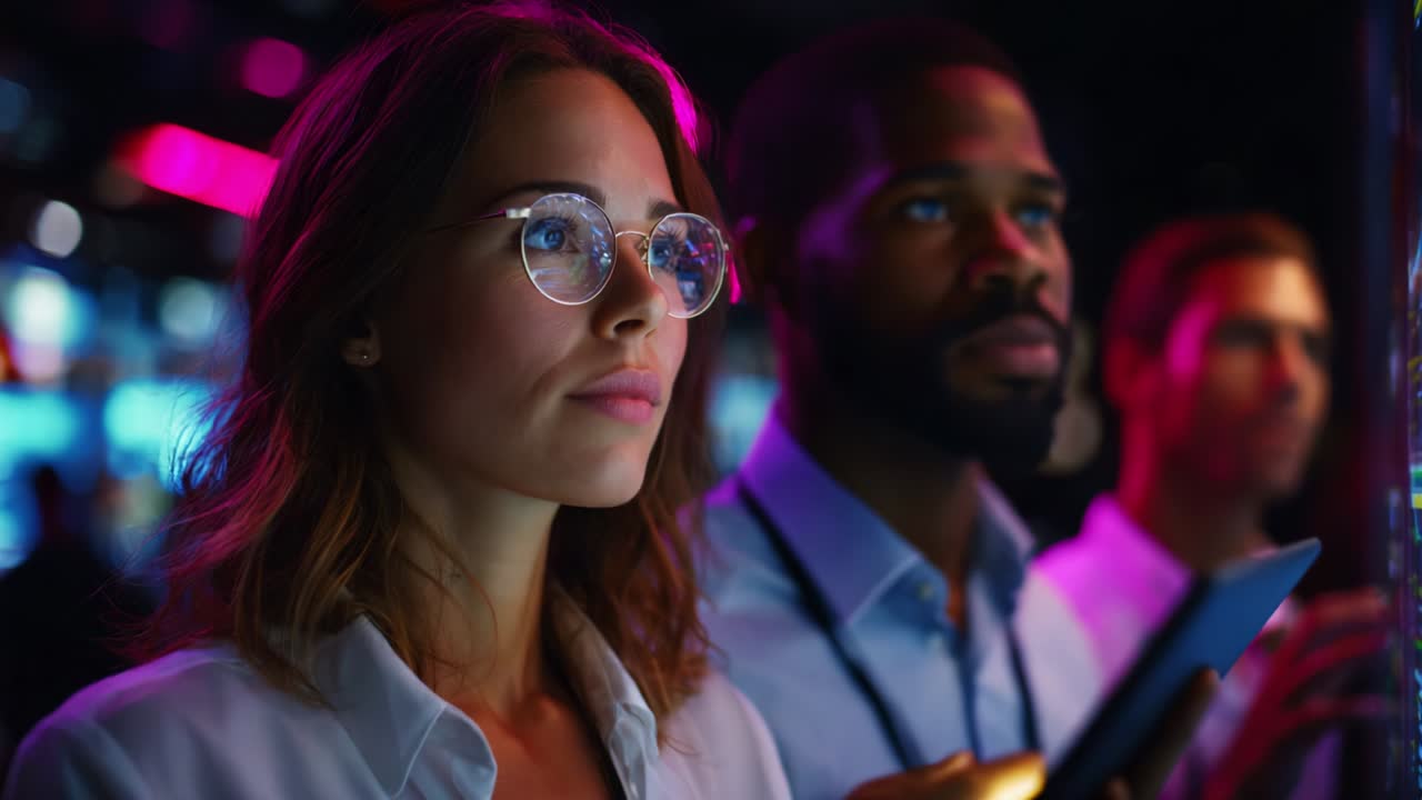 A focused group of individuals engaged in critical observation within a high-tech environment, reflecting deep concentration and collaboration in a dynamic, illuminated setting filled with vibrant colors