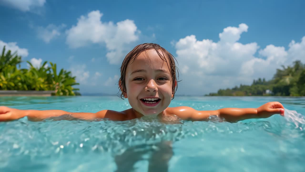 A happy child enjoying swimming in a tropical pool
