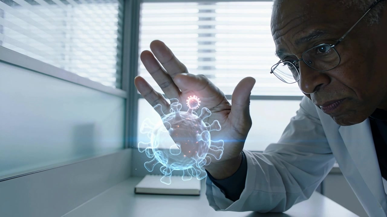 Raising right hand, researcher rotating virus hologram at lab desk to inspect structure in lab coat
