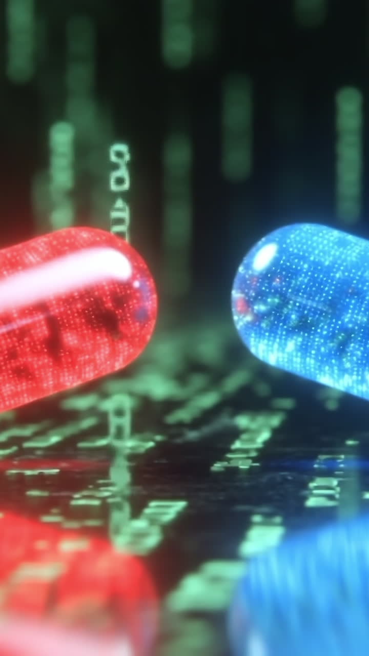 Colorful capsules on digital background. Blue and red capsules sit on a green digital matrix, representing choices and reality.