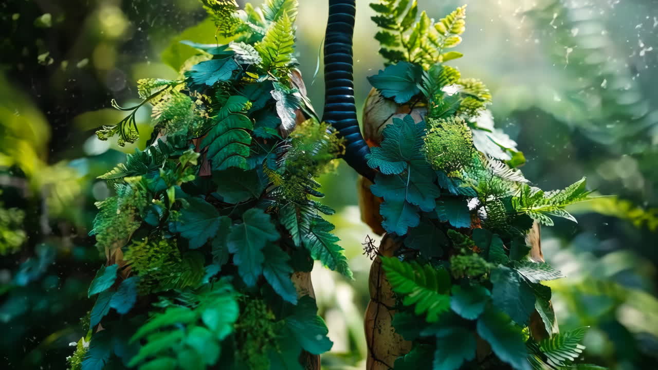 Lungs Covered in Greenery in Lush Forest Environment. Lush greenery envelops a pair of lungs amidst a vibrant forest setting, symbolizing the connection between nature and human health.