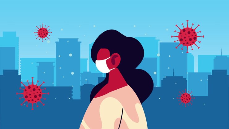 female person wearing medical mask for covid19 on the city