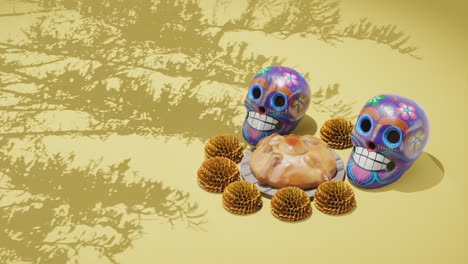 día de los muertos festival, dia de muertos, maqueta de diseño, méxico, calaveras, flores tradicionales y pastelería, fondo amarillo