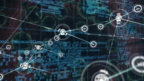 Netzwerk-Digitaler-Symbole-Und-Datenverarbeitung-Vor-Mehreren-Covid-19-Zellen-Auf-Schwarzem-Hintergrund