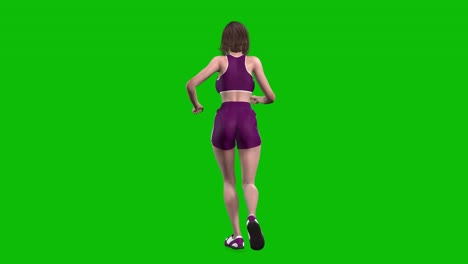 3D-female-athlete-wearing-purple-sports-outfit,-tight-fit-sportswear,-with-shorts,-jogging-on-green-screen,-3D-loop-animation,-back-view