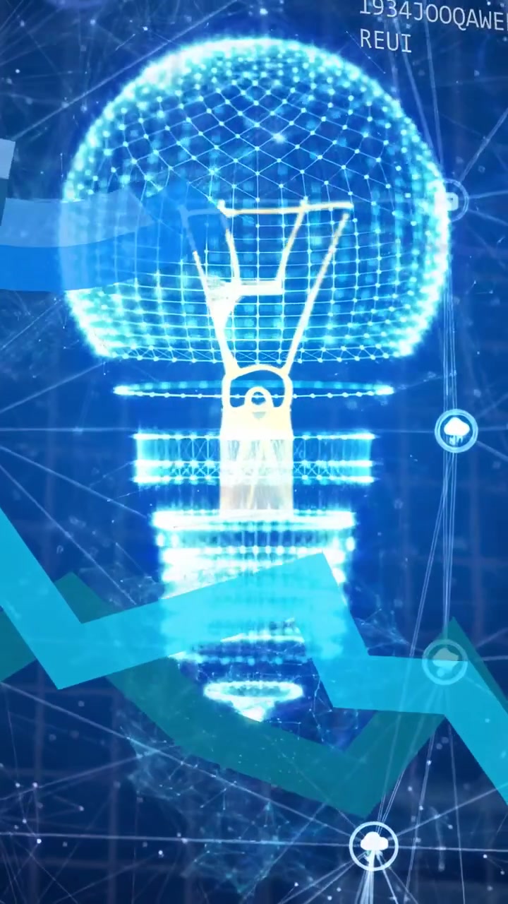 Vertical video: Holo bulb forming in tech net, data input driving panel, chart sweeping across bulb