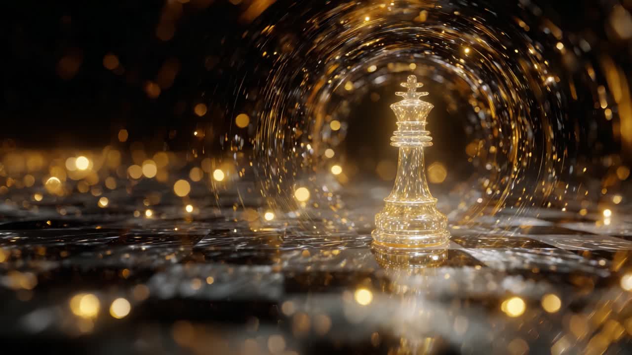 Majestic golden chess king standing on a shiny black and white chessboard surrounded by shimmering bokeh lights, symbolizing leadership, power, strategy, and business success in a luxurious setting