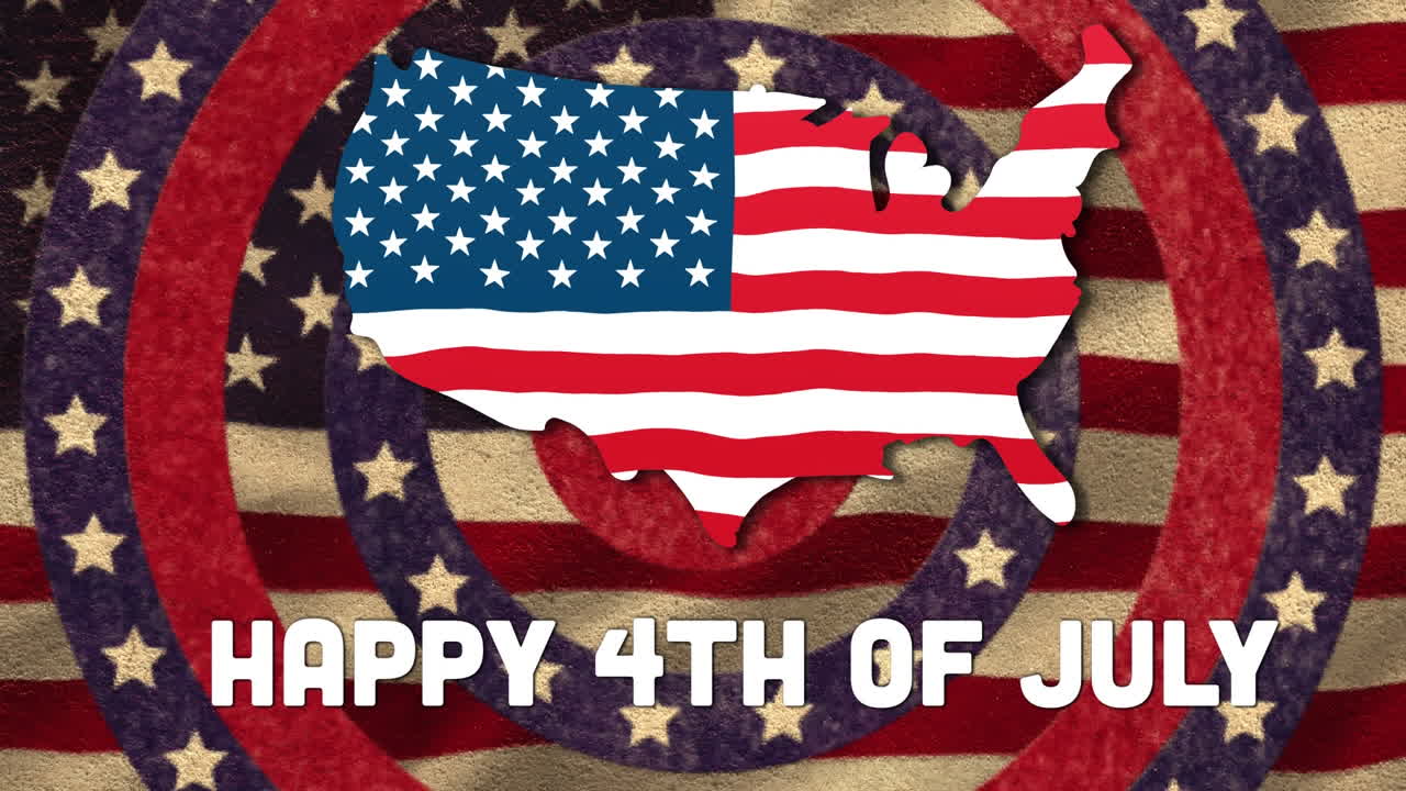 Happy 4th of July text and US map over stars on spinning circles against US flag