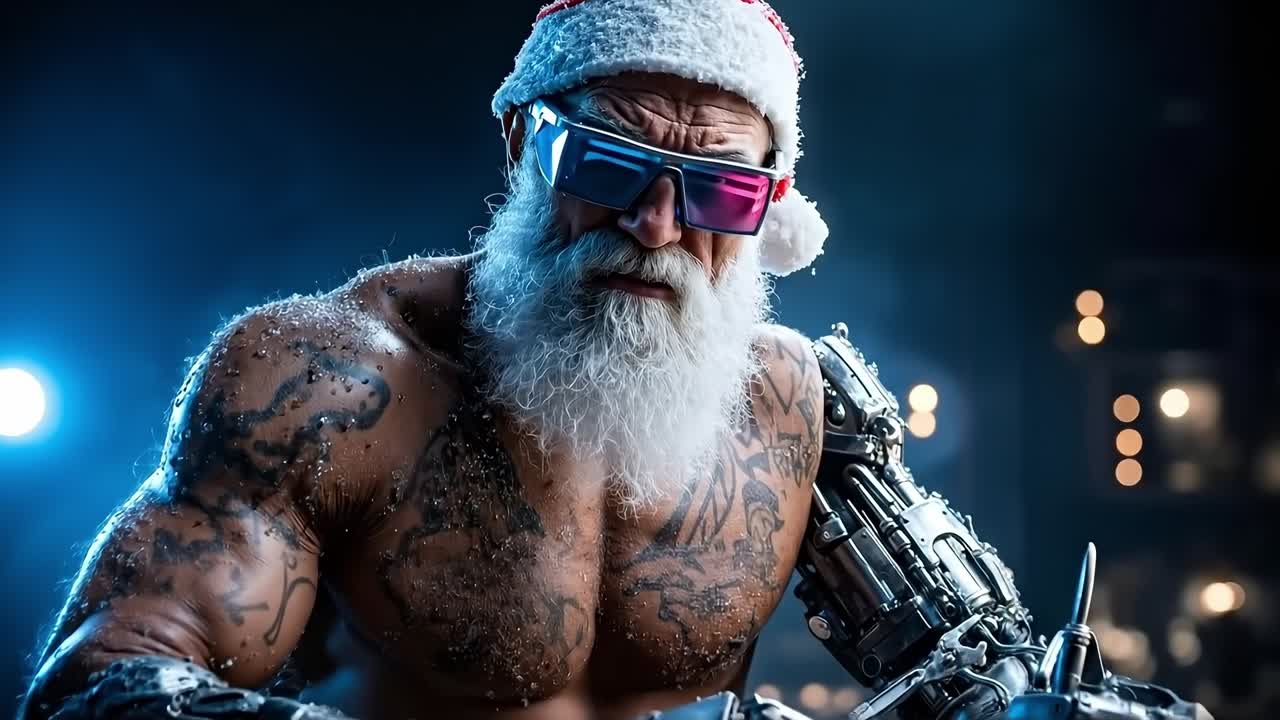 A man with a beard and a santa claus hat holding a gun