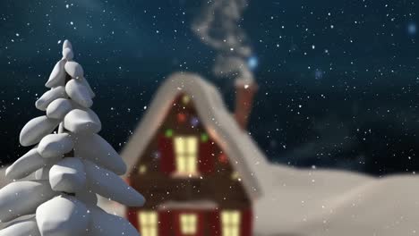 Animation-of-winter-scenery-with-decorated-house-on-blue-background