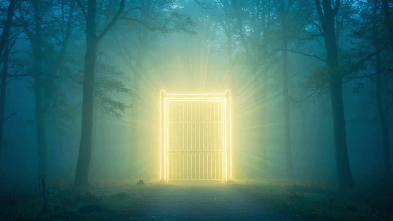 A Mysterious Glowing Gate Surrounded by Trees in a Foggy Forest, Casting an Enigmatic Light Amidst the Mist and Shadow